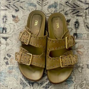 Zara Tan Sandals with Textured Straps and Contoured Footbed